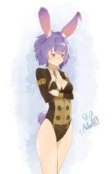 Rule 34 | aidenr0, animal ears, arms under breasts, bare legs, rabbit ears, rabbit tail, purple eyes, purple hair, tail, thighs