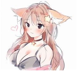 Rule 34 | 1girl, :3, animal ear fluff, animal ears, annytf, anyuu, black bra, black choker, bra, breasts, brown eyes, brown hair, choker, cleavage, commentary, english commentary, fox ears, hair ornament, heart, indie virtual youtuber, large breasts, long hair, looking at viewer, portrait, simple background, sketch, solo, star (symbol), star hair ornament, underwear, virtual youtuber, white background