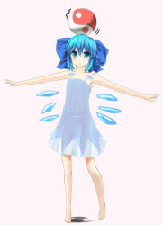 Rule 34 | 1girl, adapted costume, bad id, bad pixiv id, balancing, ball, bare legs, barefoot, blue eyes, blue hair, blush, bow, cirno, crystal, dress, frown, hair bow, matching hair/eyes, object on head, outstretched arms, panties, r0g0b0, see-through, short hair, solo, spaghetti strap, spread arms, touhou, underwear, white panties, wings, yin yang