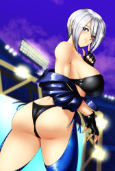 Rule 34 | 1girl, angel (kof), ass, bare shoulders, blue eyes, breasts, collarbone, cropped jacket, danmakuman, fingerless gloves, gloves, hair over one eye, highres, large breasts, leather, one eye closed, short hair, sideboob, smile, snk, solo, stadium, the king of fighters, thong, white hair