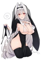 Rule 34 | 1girl, absurdres, arknights, bikini, unworn bikini bottom, bikini top only, black skirt, black thighhighs, blue nails, blush, breasts, chunta, cleavage, covered navel, cropped legs, grey hair, hand on own chest, heart, high-waist skirt, highres, large breasts, long hair, long sleeves, looking at viewer, nail polish, parted lips, pelvic curtain, red eyes, shrug (clothing), simple background, skindentation, skirt, smile, solo, specter (arknights), speech bubble, spoken heart, swimsuit, thighhighs, veil, very long hair, white background, white bikini