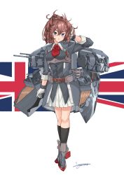 Rule 34 | 1girl, absurdres, ascot, belt, blue eyes, breasts, brown belt, brown hair, cannon, flower, full body, gloves, highres, kantai collection, long hair, messy hair, military, military uniform, miniskirt, pleated skirt, red ascot, red flower, red rose, rigging, rose, sagoromo 04, sheffield (kancolle), skirt, small breasts, solo, turret, uniform, white gloves, white skirt