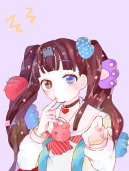 Rule 34 | + -, 1girl, animal hands, black choker, blue eyes, blue nails, blunt bangs, blush, brown hair, choker, diagonal stripes, finger to mouth, hanataro (sruvhqkehy1zied), heart, heart choker, heterochromia, index finger raised, long hair, looking at viewer, nail polish, original, purple background, red eyes, red nails, red neckwear, sailor collar, shirt, simple background, solo, striped, symbol-shaped pupils, twintails, upper body