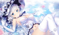 Rule 34 | 1girl, armlet, armpits, azur lane, bare shoulders, blue eyes, blue gemstone, blue sky, blush, breasts, choker, cleavage, closed mouth, clothes pull, cloud, day, dress, dress pull, elbow gloves, flower, flower on water, gem, gloves, hair ornament, hair ribbon, hat, hat flower, holding, holding jewelry, holding necklace, illustrious (azur lane), jewelry, knees up, large breasts, long hair, looking at viewer, low twintails, lying, mole, mole under eye, narae, navel, necklace, on back, on water, outdoors, reflection, ribbon, ripples, sidelocks, sky, smile, solo, sparkle, stomach, strapless, strapless dress, thighhighs, thighs, tress ribbon, twintails, water drop, white dress, white gloves, white hair, white thighhighs