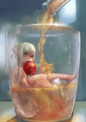 Rule 34 | 1girl, alcohol, blonde hair, cherry, creep (gundamdg), cup, drinking glass, food, fruit, ice, in container, in cup, mini person, minigirl, mouth hold, nude, original, partially submerged, pointy ears, solo