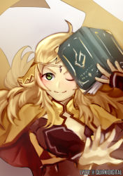 Rule 34 | 1girl, ahoge, blonde hair, bridal gauntlets, circlet, closed mouth, fingerless gloves, fire emblem, fire emblem fates, fire emblem heroes, gloves, grey eyes, highres, holding, holding weapon, light rays, long hair, looking at viewer, nintendo, ophelia (fire emblem), quirkidigital, smile, solo, upper body, weapon
