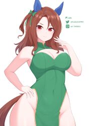 Rule 34 | 1girl, absurdres, animal ears, bare shoulders, bow, breasts, brown hair, china dress, chinese clothes, cleavage, commentary request, cowboy shot, dress, ear covers, ear ribbon, green bow, green dress, hand on own hip, highres, horse ears, horse girl, horse tail, king halo (umamusume), large breasts, medium hair, pelvic curtain, red eyes, smile, solo, tail, thighs, tsubame tien, twitter username, umamusume