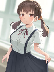 Rule 34 | 1girl, black skirt, blurry, blurry background, blush, breasts, brown hair, closed mouth, commentary request, highres, light smile, long hair, looking at viewer, medium breasts, medium hair, meow (nekodenki), neck ribbon, original, red ribbon, ribbon, shirt, short hair, short sleeves, skirt, solo, twintails, white shirt