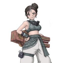 Rule 34 | 1girl, alternate color, animification, apex legends, black eyes, black hair, black shirt, blush, bracer, breasts, cropped shirt, earrings, hair bun, head tilt, highres, jewelry, looking at viewer, medium breasts, mitsu (komainumilk), official alternate costume, pants, pouch, rampart (apex legends), sari not sari rampart, shirt, simple background, single hair bun, sleeveless, sleeveless shirt, smile, thigh pouch, thigh strap, weapon, weapon on back, white background, white pants