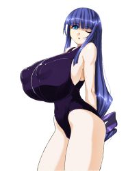 Rule 34 | 1girl, bare arms, bare shoulders, blue eyes, blue hair, blunt bangs, breasts, covered erect nipples, cowboy shot, fuutou shizune, gigantic breasts, hime cut, impossible clothes, impossible swimsuit, long hair, looking at viewer, one-piece swimsuit, one eye closed, oshioki sweetie, ponytail, puffy areolae, purple one-piece swimsuit, simple background, solo, swimsuit, third-party edit, transparent background, very long hair, wink