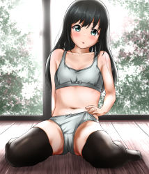 Rule 34 | 1girl, asashio (kancolle), black hair, black thighhighs, blue eyes, blush, bra, breasts, grey bra, grey panties, highres, kantai collection, long hair, navel, on floor, open mouth, panties, sitting, small breasts, solo, tama (tamago), thighhighs, tree, underwear, underwear only, wariza