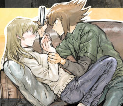 Rule 34 | 1boy, 1girl, 203wolves, bad id, bad pixiv id, blonde hair, blue pants, brown eyes, brown hair, casual, couch, couple, eye contact, from side, green jacket, grey pants, grey shirt, holding, holding another&#039;s wrist, indoors, jacket, layered sleeves, long hair, long sleeves, looking at another, multicolored hair, open clothes, open jacket, pants, pillow, shirt, short over long sleeves, short sleeves, spiked hair, straight hair, sweater, tenjouin asuka, traditional media, two-tone hair, white sweater, yu-gi-oh!, yu-gi-oh! gx, yuki judai