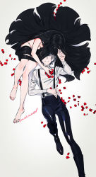 Rule 34 | 1boy, 1girl, barefoot, black hair, clothed male nude female, covered eyes, flower, from above, grey hair, grin, hand up, long hair, long sleeves, lying, nude, on back, original, pants, petals, red flower, red rose, rose, rose petals, shirt, signature, sitting, smile, suspenders, umishima senbon, very long hair, white shirt