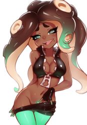 Rule 34 | 1girl, :d, aqua eyes, aqua hair, bare shoulders, black hair, blush, breasts, cleavage, clothes pull, cowboy shot, dark-skinned female, dark skin, female pubic hair, fingerless gloves, gloves, groin, half-closed eyes, hip focus, long hair, looking at viewer, marina (splatoon), medium breasts, mole, mole under mouth, multicolored hair, nail polish, naughty face, navel, nintendo, no panties, octoling, open mouth, pantyhose, partially unzipped, pink pupils, pubic hair, ricegnat, short eyebrows, shorts, shorts pull, simple background, sleeveless, smile, solo, splatoon (series), splatoon 2, suction cups, tentacle hair, two-tone hair, white background, zipper, zipper pull tab
