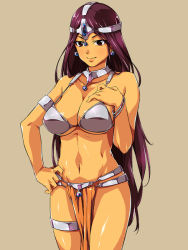 Rule 34 | 1girl, anklet, armband, armlet, armor, bare arms, bare legs, bare shoulders, bikini, bikini armor, bracelet, breasts, brown background, brown eyes, choker, circlet, cleavage, closed mouth, dancer&#039;s costume (dq), dark-skinned female, dark skin, dragon quest, dragon quest iv, earrings, hair ornament, hand on chest, hand on own hip, hand on own chest, headpiece, huge breasts, jewelry, juvecross, large breasts, long hair, manya (dq4), midriff, navel, pelvic curtain, purple eyes, purple hair, simple background, smile, solo, standing, swimsuit, thigh strap