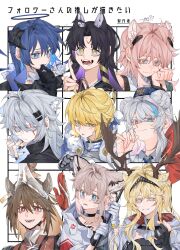 Rule 34 | 6+girls, animal ears, antlers, arknights, artoria pendragon (all), artoria pendragon (fate), bear ears, black choker, black gloves, black hair, black halo, black jacket, black nails, blonde hair, blue eyes, blue hair, breath, bright pupils, brown hair, capelet, choker, closed mouth, collared shirt, dog ears, fangs, fate (series), fox ears, fur-trimmed jacket, fur trim, gloves, gravel (arknights), green eyes, hair ornament, hairclip, halo, heterochromia, highres, holding, holding staff, horns, index finger raised, jacket, lappland (arknights), long hair, looking at viewer, material growth, molu stranger, mostima (arknights), mouse ears, multiple drawing challenge, multiple girls, oripathy lesion (arknights), partially fingerless gloves, pink eyes, pink hair, red gloves, saber (fate), saga (arknights), scar, scar across eye, shirt, six fanarts challenge, smile, staff, sussurro (arknights), translation request, viviana (arknights), white capelet, white gloves, white hair, white pupils, white shirt, wild mane (arknights), yellow eyes