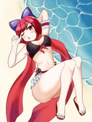 Rule 34 | 1girl, beach, bikini, black bikini, blush, bow, breasts, cleavage, commentary request, frilled bikini, frills, full body, hair bow, highres, looking at viewer, navel, one eye closed, open mouth, outdoors, purple bow, red eyes, red hair, red scarf, sandals, scarf, sekibanki, sekibanki (dullahan on the beach), short hair, solo, swimsuit, touhou, touhou lostword, yamutya6rouga