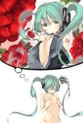 Rule 34 | 1girl, bad id, bad pixiv id, blush, breast conscious, breast envy, breasts, covering nipples, covering privates, detached sleeves, flower, furukawa itsuse, green eyes, green hair, hatsune miku, headset, highres, imagining, large breasts, long hair, matching hair/eyes, navel, nude, solo, thought bubble, twintails, very long hair, vocaloid