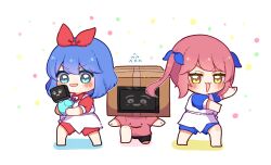 Rule 34 | 0725akaba, :d, barefoot, black shorts, blue eyes, blue hair, blue ribbon, blue shirt, blue shorts, blush, box, cardboard box, character request, collared shirt, colored shadow, dress, flat screen tv, hair ribbon, highres, omega rei, omega rio, omega sisters, on one knee, open mouth, pink hair, pink shirt, puffy short sleeves, puffy sleeves, red ribbon, red shirt, red shorts, ribbon, shadow, shirt, short sleeves, shorts, siblings, simple background, sisters, smile, television, twintails, v-shaped eyebrows, virtual youtuber, white background, white dress, yellow eyes