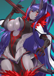 Rule 34 | 1girl, another dark mai, blazblue, blazblue alternative: dark war, breasts, cleavage, highres, huge breasts, ippo, large breasts, long hair, looking at viewer, mai natsume, ponytail, purple hair, red eyes, tagme, tattoo, thighs, tron lines, weapon