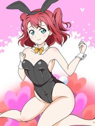 Rule 34 | 1girl, animal ears, aqua eyes, artist name, artist request, bare legs, bare shoulders, black leotard, blush, bow, bowtie, breasts, collarbone, fake animal ears, female focus, green eyes, hair between eyes, heart, heart (symbol), kurosawa ruby, leotard, looking at viewer, love live!, love live! sunshine!!, parted lips, playboy bunny, rabbit ears, rabbit tail, red hair, short hair, sitting, small breasts, smile, solo, twintails, two side up, white wrist cuffs, wing collar, wrist cuffs, yellow bow
