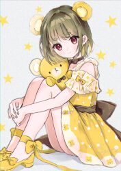 Rule 34 | 1girl, animal ears, animal print, ankle ribbon, artist name, bare arms, bare legs, bare shoulders, bear ears, bear print, bow, brown nails, closed mouth, cyan (sasukeone3), detached sleeves, dress, flats, footwear bow, full body, green hair, grey background, highres, hugging own legs, leg ribbon, light particles, light smile, looking at viewer, original, own hands together, polka dot, polka dot dress, red eyes, ribbon, short hair, short sleeves, signature, sitting, solo, star (symbol), stuffed animal, stuffed toy, teddy bear, yellow bow, yellow dress, yellow footwear, yellow ribbon, yellow theme