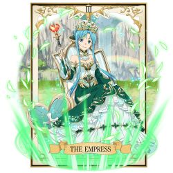 Rule 34 | 1girl, asuna (sao), asuna (sao-alo), blue eyes, blue hair, breasts, card (medium), cleavage, collarbone, crown, detached collar, detached sleeves, dress, full body, green dress, green sleeves, grin, highres, holding, holding staff, long dress, long sleeves, looking at viewer, medium breasts, multicolored clothes, multicolored dress, official art, pointy ears, short hair with long locks, sidelocks, sitting, sleeveless, sleeveless dress, smile, solo, staff, strapless, strapless dress, sword art online, tarot, tarot (medium), the empress (tarot), transparent background, white dress