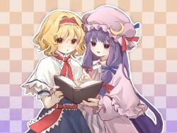 Rule 34 | 2girls, 80isiiii, alice margatroid, blonde hair, blue dress, blush, book, capelet, commission, crescent, crescent hat ornament, dress, hair between eyes, hairband, hat, hat ornament, highres, holding, holding book, lolita hairband, long hair, long sleeves, mob cap, multiple girls, open book, open mouth, parted lips, patchouli knowledge, purple dress, purple eyes, purple hair, purple headwear, red hairband, second-party source, short hair, sidelocks, smile, striped clothes, striped dress, touhou, vertical-striped clothes, vertical-striped dress, white capelet, yellow eyes