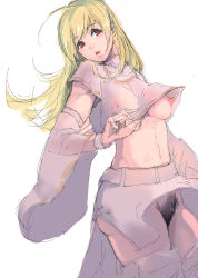 Rule 34 | 1girl, blonde hair, breasts, clothes lift, detached sleeves, female focus, female pubic hair, highres, long hair, nipples, no bra, no panties, pubic hair, pussy, red eyes, shirt lift, simple background, skirt, skirt flip, sky of morika, solo, standing, uncensored, white background
