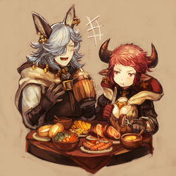Rule 34 | 10s, 1boy, 1girl, :t, alcohol, animal ears, armor, asymmetrical gloves, beer, beer mug, blue hair, blush, bowl, bread, breasts, brown background, brown gloves, cleavage, cloak, closed eyes, cow horns, cup, drang (granblue fantasy), draph, earrings, eating, erune, flipped hair, food, fork, gloves, granblue fantasy, hair over one eye, holding, holding fork, holding knife, hood, hood down, hooded cloak, horns, jewelry, knife, laughing, long hair, long sleeves, looking at another, meat, medium breasts, mismatched gloves, mug, one eye covered, open mouth, pauldrons, red hair, sausage, short hair, shoulder armor, side-by-side, smile, sturm (granblue fantasy), table, tablecloth, upper body, vegetable, zinnkousai3850