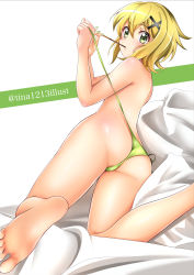 Rule 34 | 1girl, absurdres, akatsuki kirika, ass, barefoot, blonde hair, blush, breasts, from behind, green eyes, hair ornament, highres, looking at viewer, looking back, lying, mouth hold, nail polish, on side, panties, senki zesshou symphogear, shiny skin, short hair, side-tie panties, soles, solo, tina1213, toes, topless, underwear, x hair ornament