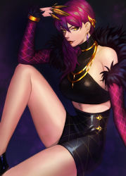Rule 34 | 1girl, absurdres, bare shoulders, breasts, claws, earrings, evelynn (league of legends), fur trim, hair ornament, half-closed eyes, highres, jewelry, k/da (league of legends), k/da evelynn, league of legends, lipstick, makeup, mascara, midriff, necklace, official alternate costume, on (isk1812), purple hair, red lips, sitting, skirt, sleeveless, solo, yellow eyes