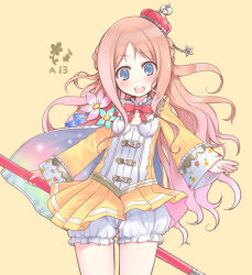 Rule 34 | 1girl, atelier (series), atelier meruru, bloomers, blue eyes, blush, bow, brown hair, cape, coat, crown, female focus, flower, half updo, happy, kamoto tatsuya, long hair, merurulince rede arls, multicolored clothes, rainbow, red bow, ribbon, skirt, solo, star (symbol), underwear, wand, white bloomers, yellow background