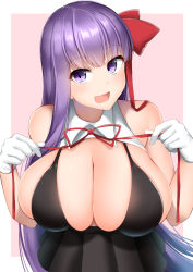 Rule 34 | 1girl, bare shoulders, bb (fate), bb (fate), bb (fate/extra), black skirt, blush, breasts, cleavage, collarbone, fate/extra, fate/extra ccc, fate (series), gloves, hair ribbon, high-waist skirt, highres, kitajima yuuki, large breasts, long hair, looking at viewer, neck ribbon, open mouth, purple eyes, purple hair, red ribbon, ribbon, skirt, smile, very long hair, white gloves