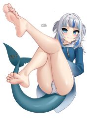 Rule 34 | 1girl, absurdres, artist name, bare legs, barefoot, blue eyes, blue hair, blue hoodie, blue nails, blunt bangs, blush, closed mouth, commentary, eyelashes, feet, fins, fish tail, foot up, foreshortening, full body, gawr gura, grey hair, grey hoodie, highres, hololive, hololive english, hood, hood down, hoodie, knee up, leg up, legs, long sleeves, looking at viewer, multicolored hair, nail polish, panties, shark tail, shiny skin, sidelocks, simple background, smile, soles, solo, streaked hair, tail, thighs, toenail polish, toenails, toes, two-tone hoodie, two side up, underwear, virtual youtuber, white background, white panties, x xith x