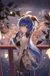 Rule 34 | 1girl, ahoge, back, backless outfit, bare shoulders, blue hair, bow, breasts, detached sleeves, from side, ganyu (genshin impact), genshin impact, highres, horns, lantern, light smile, long hair, looking at viewer, low ponytail, medium breasts, nankam, outdoors, paper lantern, purple eyes, sidelocks, solo, standing, tassel, waist cape, white sleeves