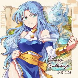 Rule 34 | 1girl, bare shoulders, blue dress, blue hair, blue skirt, braid, character name, clenched hands, closed mouth, contrapposto, cowboy shot, dated, detached sleeves, dress, fountain, french braid, green eyes, happy birthday, hitopm, light smile, long hair, long sleeves, looking at viewer, parted bangs, pelvic curtain, puyopuyo, rulue (puyopuyo), sash, scroll, side slit, skirt, sleeveless, sleeveless dress, solo, tree, waku waku puyo dungeon, white dress, yellow sash