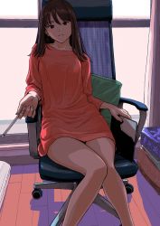 Rule 34 | 1girl, apple pencil, backlighting, bare legs, breasts, bright pupils, brown eyes, brown hair, chair, closed mouth, collarbone, cushion, evening, feet out of frame, fingernails, highres, holding, holding stylus, indoors, ipad, knees together feet apart, light smile, long sleeves, looking at viewer, medium hair, mesh, office chair, reaching, reaching towards viewer, sitting, solo, stylus, swivel chair, tablet pc, tanaka hirotaka, white pupils, window