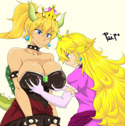 Rule 34 | 2girls, armlet, bare shoulders, black collar, black dress, blonde hair, blue eyes, blush, bowsette, bracelet, breast envy, grabbing another&#039;s breast, breasts, brooch, cleavage, closed mouth, collar, crown, dress, earrings, elbow gloves, emerald (stone), female focus, gem, gloves, grabbing, green horns, groping, hair between eyes, horns, huge breasts, jewelry, long hair, looking at another, looking at breasts, looking down, mario (series), medium breasts, monster girl, multiple girls, new super mario bros. u deluxe, nintendo, paipo (chickshow), pink dress, pointy ears, ponytail, princess peach, signature, skirt, smile, spiked armlet, spiked bracelet, spiked collar, spiked shell, spiked tail, spikes, standing, strapless, strapless dress, super crown, sweatdrop, tail, turtle shell, very long hair, yuri