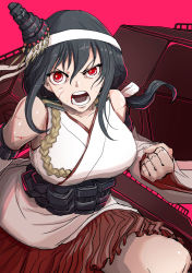 Rule 34 | 1girl, angry, black hair, boushi-ya, commentary request, cowboy shot, detached sleeves, hair ornament, headgear, japanese clothes, kantai collection, long hair, looking at viewer, machinery, pleated skirt, red eyes, red skirt, skirt, solo, teeth, yamashiro (kancolle)
