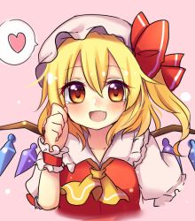 Rule 34 | 1girl, arm at side, blonde hair, dress, flandre scarlet, hair between eyes, open mouth, pink background, puffy short sleeves, puffy sleeves, red dress, red eyes, ruhika, short sleeves, side ponytail, solo, tears, touhou, wings, wrist cuffs