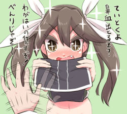 Rule 34 | 10s, 1girl, blush, brown eyes, brown hair, colored eyelashes, fang, gloves, hair ribbon, kantai collection, long hair, no panties, out-of-frame censoring, pelvic curtain, personification, ribbon, solo focus, tone (kancolle), translated, twintails, u-non (annon&#039;an)