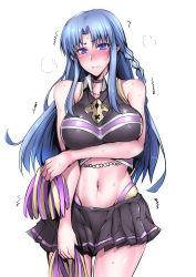 Rule 34 | 1girl, absurdres, alternate costume, blue eyes, blue hair, blue theme, blush, braid, breasts, medea (fate), cheerleader, choker, closed mouth, collarbone, cowboy shot, eyebrows, fate/stay night, fate (series), frown, gggg, highres, large breasts, long hair, looking at viewer, midriff, miniskirt, navel, nose blush, pleated skirt, pointy ears, pom pom (cheerleading), side braid, simple background, skirt, solo, stomach, sweat, thighs, trembling
