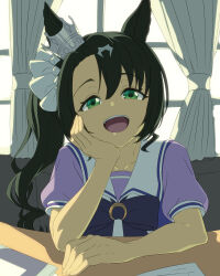 1girl animal_ears baasaku_(balasaku24) black_hair breasts crown curtains ear_ornament green_eyes hair_between_eyes head_rest highres horse_ears horse_girl indoors looking_at_viewer medium_breasts satono_crown_(umamusume) school_uniform short_sleeves side_ponytail smile solo table tracen_school_uniform umamusume window