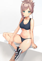 Rule 34 | 1girl, absurdres, alternate costume, arm at side, artist name, bad id, bad pixiv id, bikini, blue eyes, breasts, brown hair, cleavage, closed mouth, commentary request, fate (series), highres, ishida umi, light brown hair, looking at viewer, medium breasts, miyamoto musashi (fate), navel, shiny skin, shoes, short ponytail, single sidelock, sitting, smile, sneakers, solo, sports bra, swimsuit