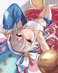 Rule 34 | 1girl, absurdres, animal ears, arm up, armpits, bare shoulders, barefoot, blue hat, blue jacket, blue shorts, commission, crop top, cropped jacket, drumsticks, dungeon and fighter, foreshortening, grey hair, grin, hand up, hat, highres, holding, index finger raised, jacket, lifeff, long hair, long sleeves, looking at viewer, lying, midriff, mouse ears, mouse girl, navel, nishiro hato, on back, open clothes, open jacket, red eyes, shirt, short shorts, shorts, single sleeve, skeb commission, sleeveless, sleeveless shirt, smile, smug, solo, stomach, thighs, very long hair, white shirt