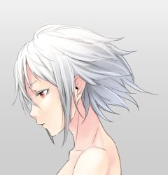 Rule 34 | 1girl, closed mouth, commentary, expressionless, from side, grey background, looking away, nude, original, portrait, profile, red eyes, short hair with long locks, silver hair, solo, sugi 214