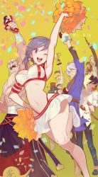 Rule 34 | 2girls, 5boys, ahoge, animal, arm up, armpits, bald, bandaged arm, bandages, barefoot, beanie, black footwear, black gloves, black hair, black pants, blonde hair, blue eyes, bottle, bowl, breasts, can, cheering, cheerleader, chopsticks, closed mouth, confetti, copyright request, dice, dice earrings, drink can, drinking, dropping, earrings, facial hair, firing, food, food on face, food request, gloves, grey hair, gun, hair between eyes, hand on head, handgun, hat, headpat, highres, hitting, holding, holding animal, holding bowl, holding gun, holding stuffed toy, holding weapon, hood, hood up, jewelry, long eyebrows, long hair, mask alice, medium hair, mole, mole under mouth, monkey, multiple boys, multiple girls, muscular, mustache, navel, necklace, one eye closed, open mouth, pants, pill, pom pom (cheerleading), ponytail, purple eyes, red lips, rice, rice bowl, scar, scar on face, sharp teeth, shirt, short hair, simple background, skirt, smile, soda can, spitting, standing, standing on one leg, stuffed toy, teeth, tongue, topless male, trophy, underboob, weapon, white eyes, white footwear, white hair, white shirt, white skirt, yellow background, yellow eyes, zipper
