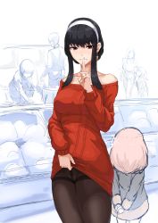 Rule 34 | 1boy, 5girls, anya (spy x family), bare shoulders, black hair, black pantyhose, child, clothes lift, earrings, exhibitionism, finger to mouth, groceries, hairband, highres, index finger raised, jewelry, long sleeves, looking at viewer, mikame v2, multiple girls, naughty face, pantyhose, public indecency, red eyes, red sweater, shirt lift, shushing, smile, spy x family, sweater, yor briar