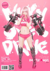 Rule 34 | 1girl, absurdres, barcode, clenched hands, cover, cyborg, english text, fake cover, gloves, highres, johnson ting, long hair, looking at viewer, midriff, milky overdrive, mole, mole under eye, navel, nike (company), pink background, pink eyes, pink hair, qr code, solo, watermark, web address